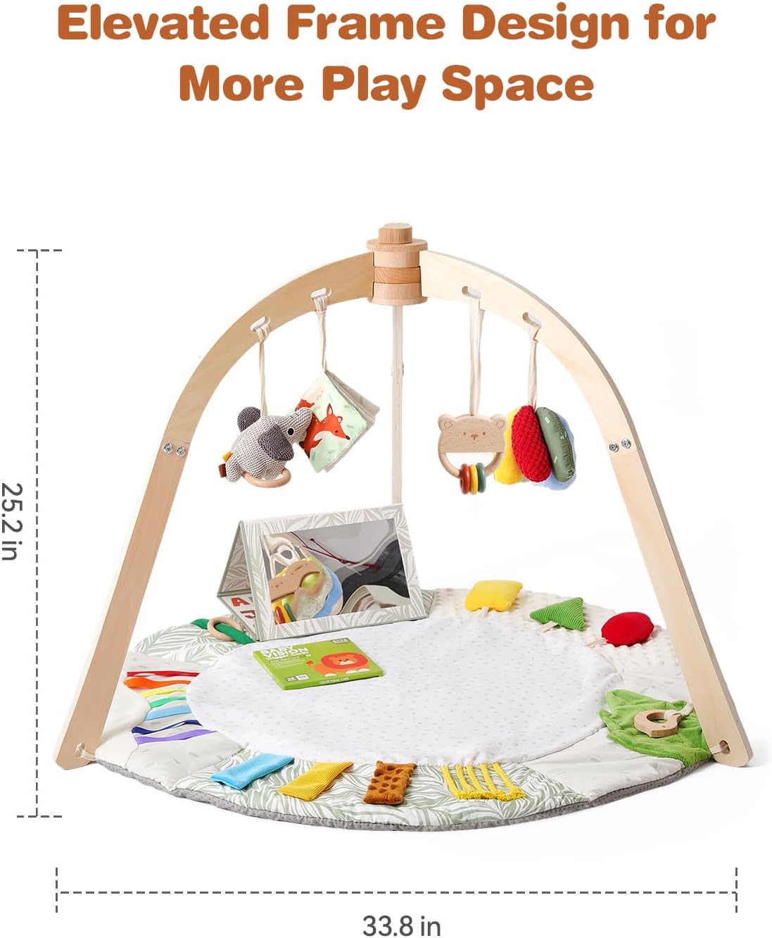 Macabaka Wooden Baby Play Gym & Tummy Time Playmat – Montessori Sensory Activity Mat with 6 Developmental Toys for Fine Motor Skills – for Newborns to Toddlers (0–12M )